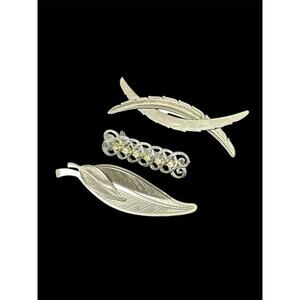 Vintage Barrette Hair Clip Accessory Lot of 3 Silvertone Leaf Rhinestone